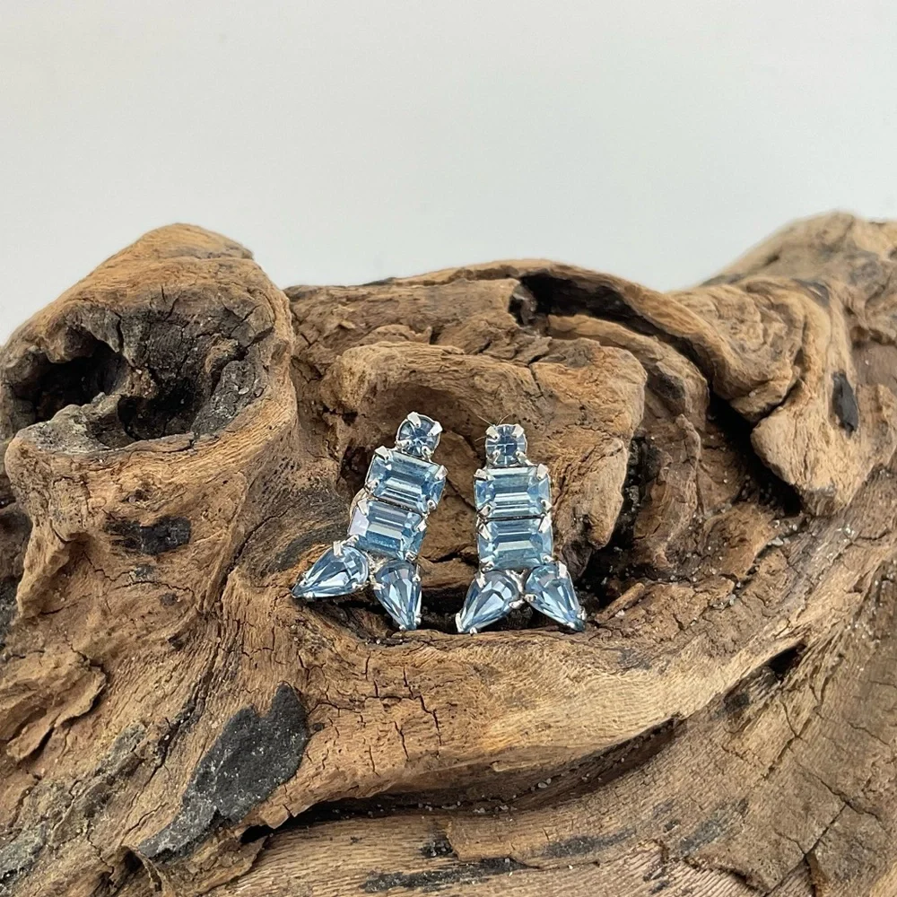 Vtg Sky Blue Rhinestone Earrings, MCM, Rockets, Atomic Age, New Ear Posts